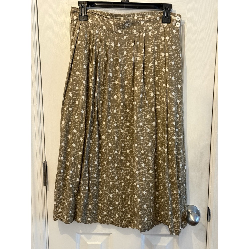Vintage Pliers  Tan White Polkadot Midi Skirt Pockets Size Medium USA Modest